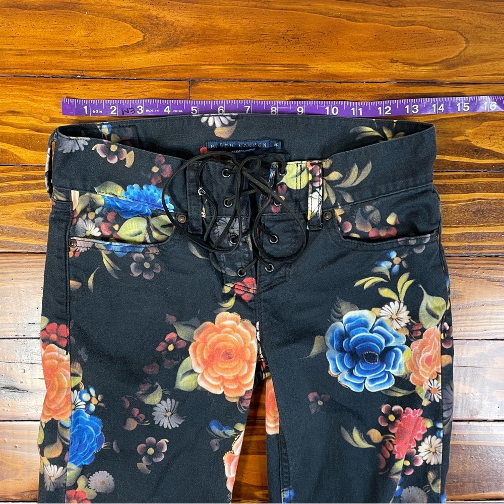 Ralph Lauren Low Cut Floral Jeans with Leather Criss Cross Tie Up sz 26 - Picture 7 of 9
